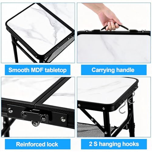 YUFIFAIRY Small Folding Camping Table, 2ft Portable Table with 3 Adjustable Heights, Aluminum Lightweight Foldable Picnic Table with Mesh Layer and Extension Legs for RV, Camp and Indoor (Black Frame) - color: White Marble Top & Black Frame