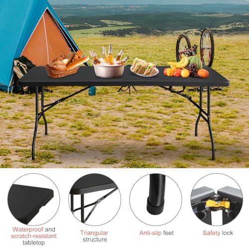 Portable 6Ft Folding Table, Heavy Duty Plastic Fold-in-Half Utility Foldable Dining Table, Multi-Purpose Plastic Folding Table with Carrying Handle for Camping and Party Indoor/Outdoor (Black) - color: Black, size: 6Ft