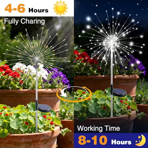 btfarm 2 Pack 120 LED Solar Garden Lights Outdoor, 8 Modes Firework Lights Solar Powered, Waterproof Twinkle Fairy Light Outside for Yard Patio Pathway Pool Christmas Party Decorative, Cool White - color: Cool White, size: 2 Pack