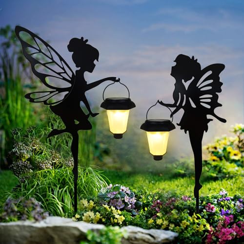 Solar Fairy Garden Stake Decorative Lantern, 2 Pack Metal Fairy Angel Garden Silhouette Lights for Lawn, Pathway, Patio, Yard Outdoor Decor - size: Fairy2