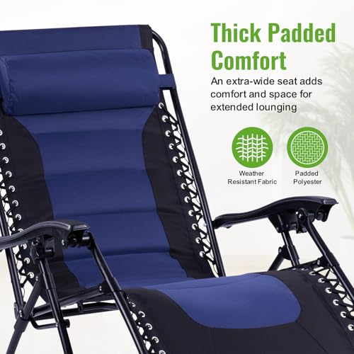 Backyard Expressions Deluxe XL Padded Recliner Zero Gravity Chair – Ergonomic Anti-Gravity Lounger with Folding Design, Side Tray, and Adjustable Headrest - color: Black/Blue