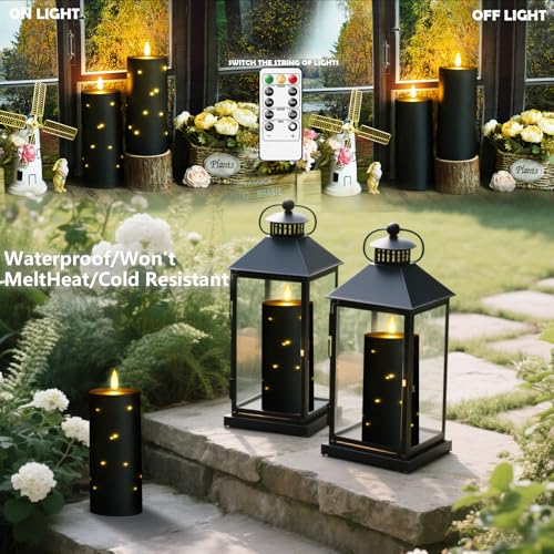 kakoya 10" x 4" Large Outdoor Waterproof Flickering Flameless Candles with Timer,2Pcs Battery Operated LED Pillar Candles with Embedded Star String for Outdoor Lanterns,Porch,Patio Decor(Black) - color: Black, size: 2PCS-D4"xH10"