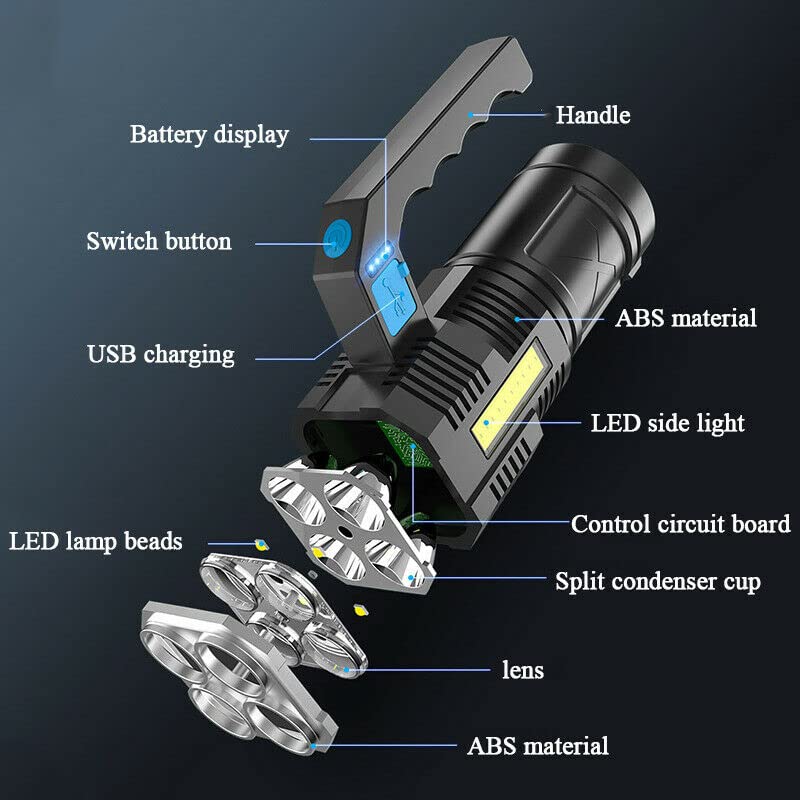 Wrrozz LED Flashlight USB Rechargeable, High Lumens Tactical Light with Sidelight, 4X LED, Spotlight, Handheld Super Brightest Flashlights, Portable Torch for Outdoor Camping Home Emergency Lantern - size: B