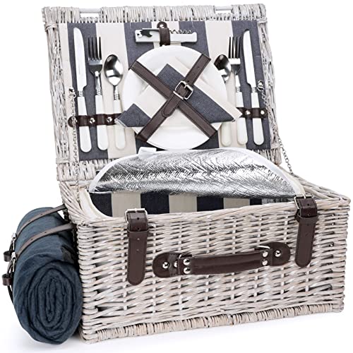 Picnic Basket Sets for 2 Persons with Insulation Cooler,Waterproof Picnic Blanket, Tableware for Family,Party,Outdoor Living,Camping Gift - color: Grayish White Color for 2 Persons