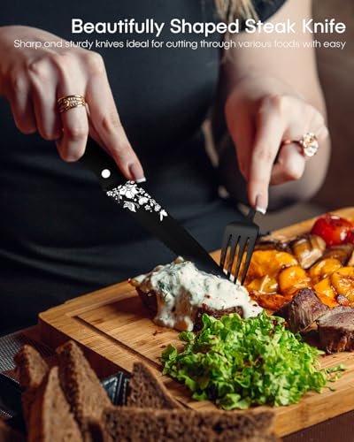 Black Silverware set with Steak Knives, Ollex 24PCS Retro Royal Flatware Set for 4 with Box, Food-Grade Stainless Steel Utensil Sets Includes Spoons Forks and Knives, Mirror Finish Dishwasher Safe - color: Black