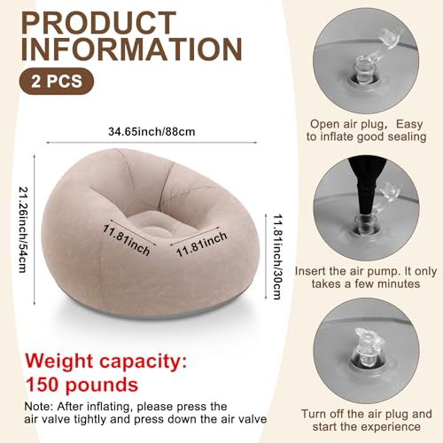 Lunmon 2 Pcs Small Bean Bag Chair Inflatable Chair Blow up Games Sofa Foldable Flocking Inflatable Lazy Sofa Portable Blow up Lounger for Living Room Bedroom (Brown,Blue) - color: Brown,blue