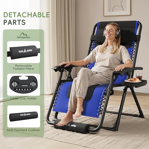 Amopatio Zero Gravity Reclining Patio Chair,XL Foldable Lounge Chair with Removable Cup Holder/Headrest/Footrest,500LBS Capacity, Portable for Outdoor Patio Pool Backyard - color: Blue-black, style: 29in-1pc