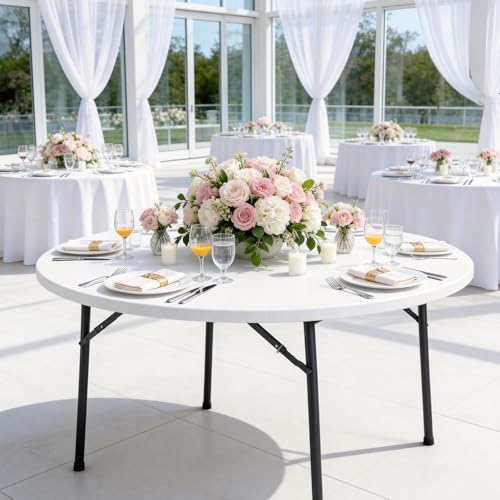 48 inch Folding Round Table, 48" Plastic Commercial Banquet Round Dinner Table with Foldable Steel Legs, Portable Card Table for Party, Events, Indoor, Outdoor, White - color: White, size: 48 inch