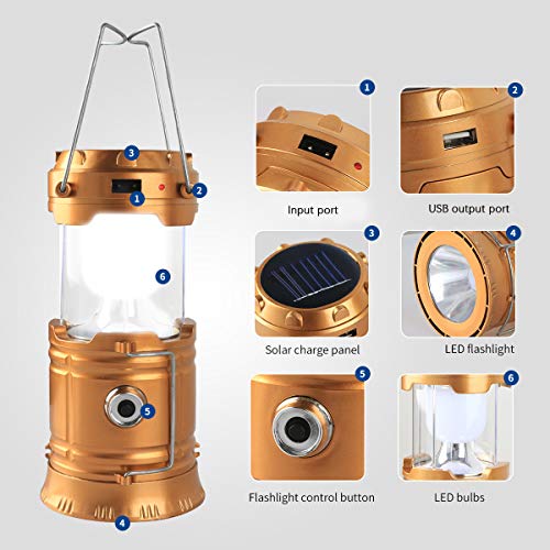 Censinda LED Camping Lantern, Solar and Rechargeable Lantern Flashlight Collapsible and Portable Light for Daily/Camp/Hiking/Night Fishing/Emergency/Hurricanes/Storm(1 Pack) - style: Gold