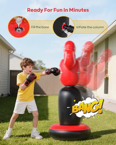 QPAU 360° Rotatable Kids Punching Bag - 64" Boxing Bag with 4 Targets & Kids Boxing Gloves, Inflatable Punching Bags with Hand Pump, Karate Taekwondo Training Christmas Birthday Gift Boys Girls