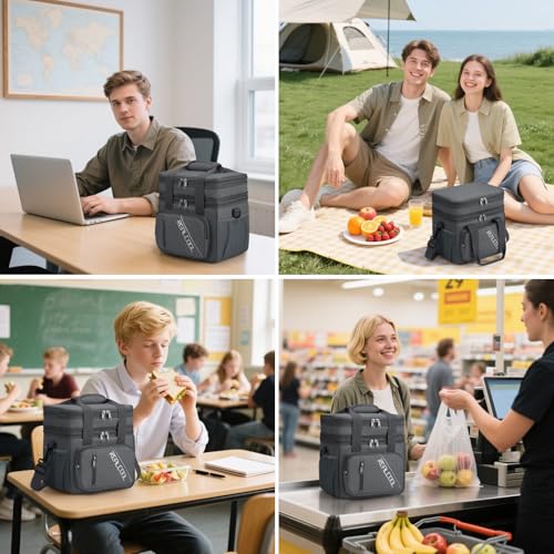 RealCool Lunch Bag, Insulated Lunch Box for Men Women, Double Deck Leakproof Soft Cooler Bag with Adjustable Strap, Reusable Lunchbox for Work, Travel, Camping (Grey) - color: Gray