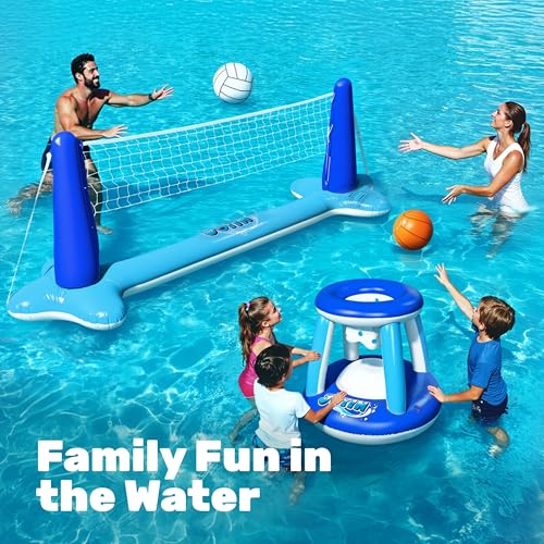 JOYIN Inflatable Volleyball Net & Basketball Hoops Pool Float Set; Balls Included for Kids/Adults, Summing Pool Game, Floating, Summer Floaties, Volleyball Court |Basketball,L-Dark Blue - color: Dark Blue, size: Large