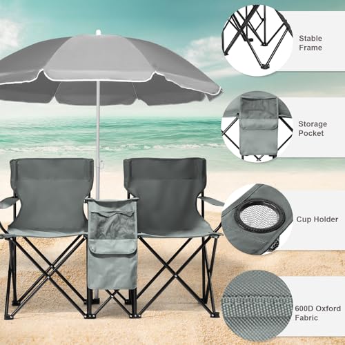 Outvita Folding Double Camping Chair w/Umbrella Beverage Holder Carrying Bag Cooler Fold Up Table, Large Bearing Capacity for Beach Patio Pool Park Outdoor Gray - color: Grey