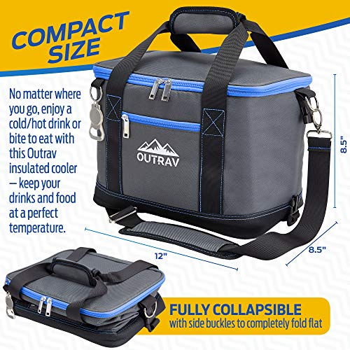 Collapsible Insulated Cooler Bag – 6L Thermal Lunch Bag with Bottle Opener, 16 Can Capacity – Perfect For Camping, Picnics and Travel - Handles and Removable Shoulder Strap - By Outrav - color: Grey with Blue Trim