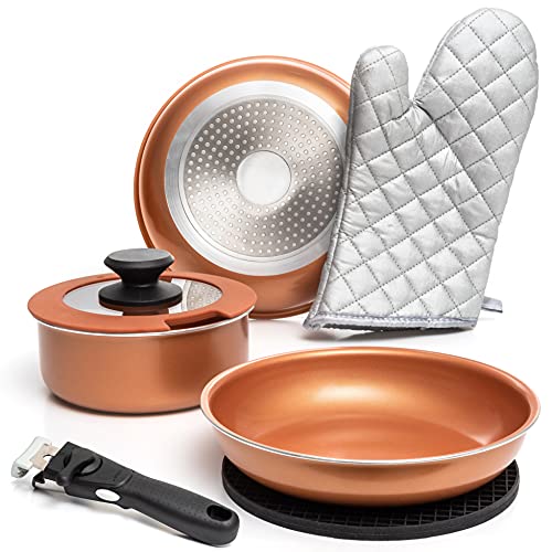 Moss & Stone Copper Pots And Pans Set Nonstick, Removable Handle Cookware, Stackable Pots And Pans Set, Dishwasher safe, Induction Pots And Pans, Camping Cookware Set, Aluminum (7 Pcs) - size: 7 Pcs Copper