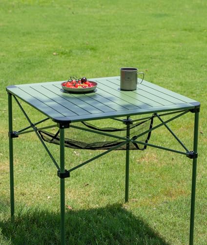 iClimb Lightweight Stable Alu. Folding Square Table Roll Up Top with Carry Bag for Camping Picnic Backyards BBQ Camp Kitchen (Green, L) - color: Green, size: Large