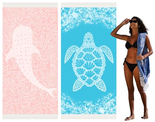 Widdonen 2 Pack Turkish Beach Towel Quick Dry Absorbent Cotton Lightweight Thin Bathroom Bath Pool Swim Towels Extra Large Oversized Sand Free Beach Accessories Essentials Stuff Cloud Adults Gift - color: 2 Pack Light Pink Whale Blue Turtle, size: X-large