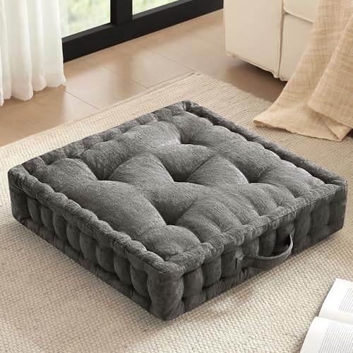 Intelligent Design Large Floor Pillow for Adults Yoga or Meditation Cushion with Handle, Floor Cushion for Board Games, Lustrous Chenille Tufted, Handsewn Scalloped Edge, Azza, 24" x 24" x 5" Charcoal - color: Square Charcoal With Handle, size: 24"W x 24"