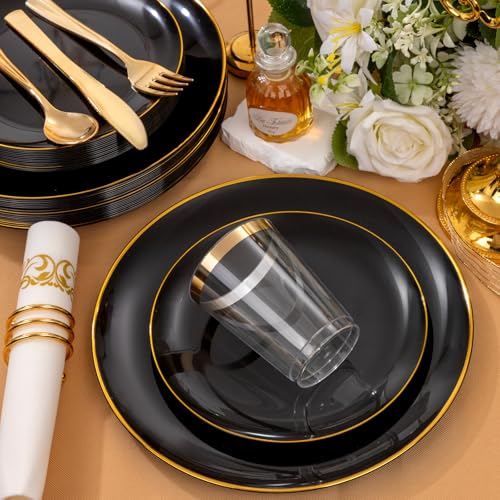 Supernal 350pcs Black & Gold Plastic Dinnerware Set, Elegant Black Plates with Golden Edges, Gold Plastic Silverware, Durable Tableware Perfect for Birthdays, Parties, Wedding, Celebration - color: 350pcs Black Plastic Plates with Gold Rim