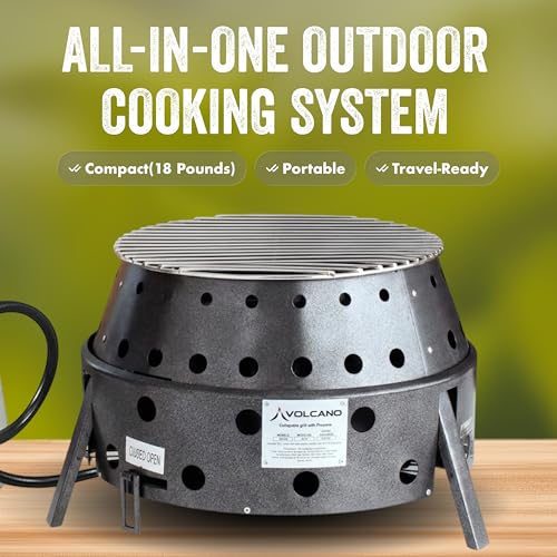 Volcano 2 Collapsible Grill Stove Portable Outdoor Stove with Carrying Case Compact 13” Cooking Surface Charcoal or Wood Compact Steel Camp Cooker for Backyard, Tailgating, Dutch Oven and Wok Cooking - style: Volcano 2 Base Grill (Charcoal/Wood)