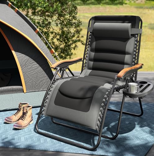 PHI VILLA XXL Oversized Padded Zero Gravity Chair, Foldable Patio Recliner, 30" Wide Seat Anti Gravity Lounger with Cup Holder, Support 400 LBS (Gray) - color: Grey, style: 1 Pcs