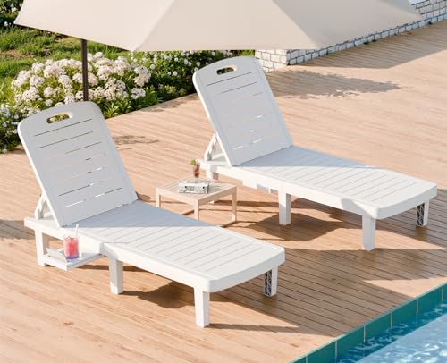 WACASA Outdoor Chaise Lounge Chairs Set of 2, Oversized Lounge Chairs with 5-Level Adjustable Backrest & Cup Holder, Resin Waterproof Pool Lounge Chair for Poolside, Patio, Beach, Yard, White - color: White, size: Set of 2