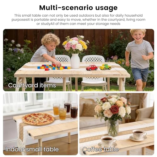 44" x 22" Boho Low Picnic Table, Portable Beach Table with Tablecloth and Adjustable Legs, Solid Wood Foldable, Indoor Outdoor for Beach Camping BBQ Wedding Party Family Gatherings