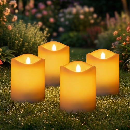 Livinlarge 4 Pack Outdoor Solar Powered Candles, 3"x4" Rechargeable Dusk to Dawn Lighting, Flameless Flickering Pillar LED Votive Candle, IP65 Waterproof for Patio Yard Deck Window Table Decor - color: D3"xH4", 4 PCS