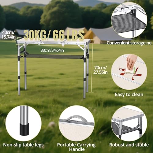 Anbte Folding Camping Table with Storage Net, 3ft Camping Table Aluminum Folding Table with 3 Adjustable Height Max 27.1 Inch, Portable, for Outdoor Backyard BBQ, Silver - color: Silver
