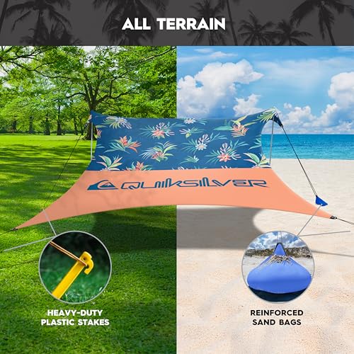 Quiksilver Portable Beach Shelter – UPF 50+ Sun Protection Tent with Sandbag Anchors & Ventilation, Lightweight & Waterproof for Beach, Camping, or Outdoor Use – Fits 4 Adults