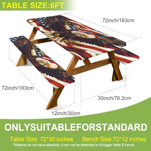 ANNA QUEEN Patriotic American Eagle 6FT Picnic Table Cover with Bench Covers Set of 3 with Drawstring Bag, USA Flag Eagle 72"x30" Waterproof Picnic Tablecloth & Bench Covers for Outdoor BBQ - color: #64