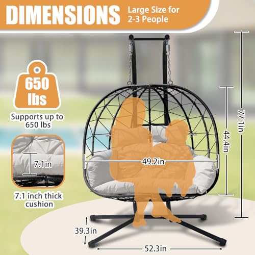 Double Egg Swing Chair with Stand - 2 Person Hammock Egg Chair for Outdoor, Patio, Garden & Balcony - Heavy-Duty Steel Frame, All-Weather Pe Rattan & Uv-Resistant Cushions (Black) - color: Black