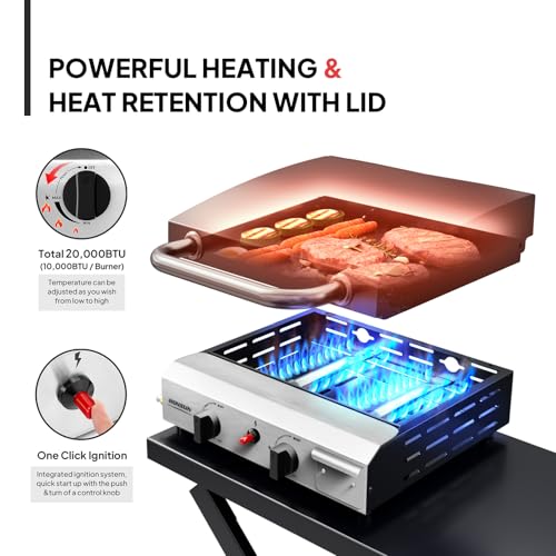 ROVSUN 2 Burner Foldable Propane Griddle with Wheels, Enameled Tray & Lid, 20000 BTU Portable Rolling Flat Top Gas Grill with Electronic Ignition & Regulator for Outdoor Cooking Camping BBQ Tailgating - size: 2 Burner With Lid