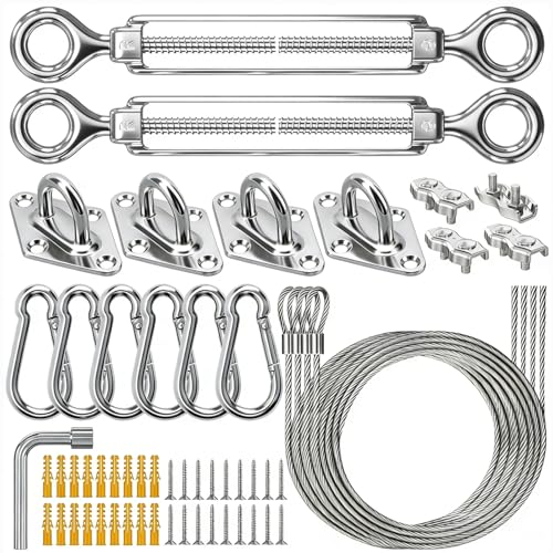 HYASIA Shade Sail Hardware Kit with Wire Ropes, 304 Stainless Steel Heavy-Duty Rustproof Turnbuckles, Hardware for Triangle Rectangle Square Sun Shade Sails, Ideal for Patios Gardens Lawns Outdoor - color: Silver, size: M6-56pcs
