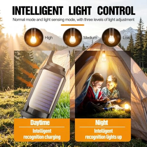 4-Pack Solar Camping Lantern, Portable LED Solar USB Rechargeable Lantern Flashlight Emergency Hanging Light Bulb for Indoor Outdoor Home Power Outages Hiking Hurricane (4)