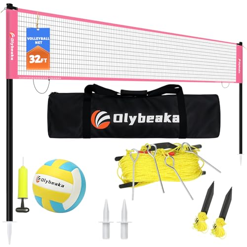 32ft Regulation Size Portable Outdoor Volleyball Net Set System for Backyard Beach with Height Adjustable Poles, PU Volleyball and Pump, Carry Bag, Boundary Line - Easy Set Up & Anti-Sagging - color: Pink