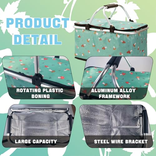 Insulated Picnic Basket for 2, Collapsible Shopping Baskets with 29L Large Market Basket with Handles, Folding Grocery Basket for Picnic Travel Food Delivery Market Shopping Bright Green - color: Cyan
