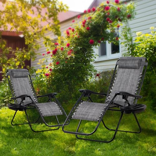 Nazhura Set of 2 Relaxing Recliners Patio Chairs Adjustable Steel Mesh Zero Gravity Lounge Chair Beach Chairs with Pillow and Cup Holder(Grey) - color: Grey