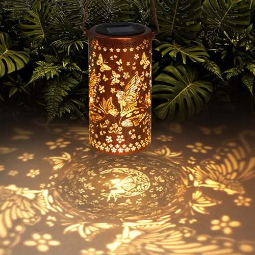 DIBIEECN Mothers Day Gifts for Mom, Birthday Gifts Grandma Ladies Solar Lanterns Outdoor Hanging Hollowed-Out Metal Waterproof LED Garden Decor Outside for Patio Yard Porch, Fairy, 1 Pack - style: Fairy