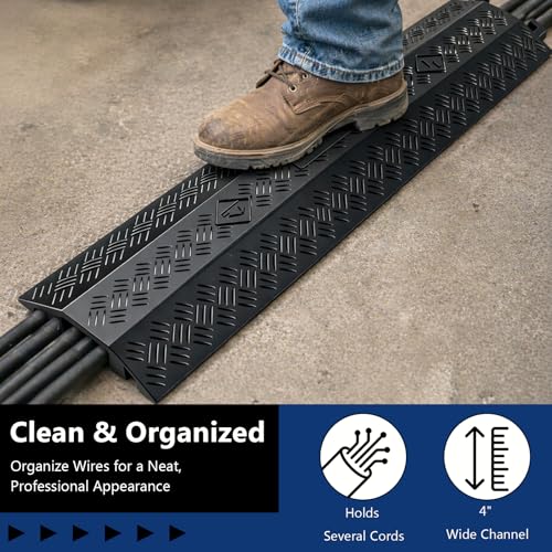BESEA Heavy Duty Cord Cover 2 Pack 40 Inch Cable Protector Ramp 15000 lbs, Outdoor Floor Wire Cover with 4" Wide Channel, Modular Interlocking Anti Trip Cable Ramp for Driveway Sidewalk Garage(Black) - color: Black, size: Middle