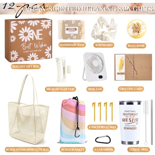 Beferr Mothers Day Beach Gifts Basket for Women, 79" X 83" Beach Blanket Waterproof Sandproof, Beach Mesh Tote Bags, Birthday Baskets for Her Wife Mom Sister Grandma Friend - color: Beige