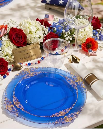 Nervure 350PCS Blue Plastic Plates - Blue Plastic Dinnerware Sets for 50 Guests - 100 Disposable Plates, 150 Gold Silverware, 50 Cups, 50 Napkins for Wedding & Party - color: Transparent Blue
