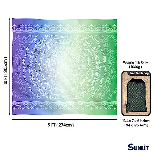 Sunlit Silky Soft Sand Proof Beach Blanket 106"x81" / 85"x72" Sand Proof Mat with Corner Pockets and Mesh Bag for Beach Party, Travel, Camping and Outdoor Music Festival, Mandala - color: Green Violet, size: 120"x108"