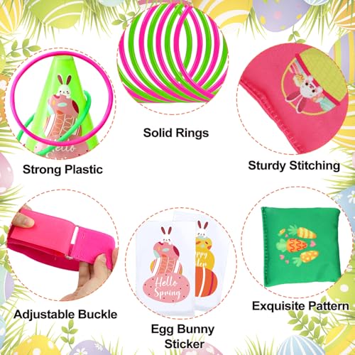 4 in 1 Easter Outdoor Games for Kids and Family, Easter Party Game with Ring Toss, Plastic Cones, Bean Bags, 3-Legged Race Bands, Carnival Spring Games Activities Combo Set for Adult Yard Classroom - color: Easter Green - Sticker