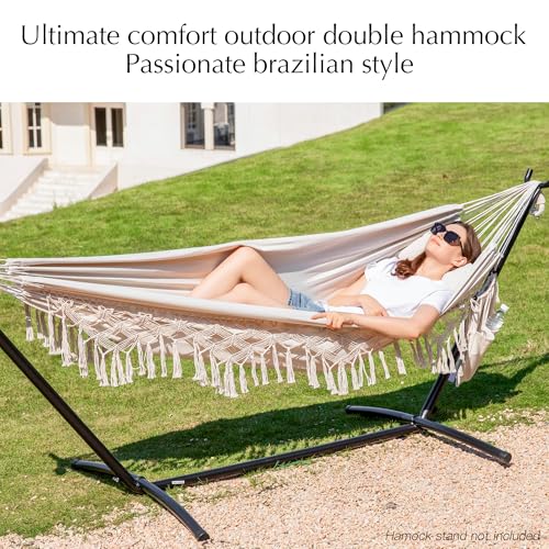 PNAEUT Double Hammocks for Outside, Replacement Outdoor Tree Hammock for Indoor Patio Porch Garden (Tassel Beige, Medium) - color: Tassel Beige, size: Medium