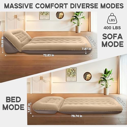 Luxfero Inflatable Couch for Camping, Air Mattress with Adjustable Backrest, Blow Up Couch for Adults with Flocked Surface, Portable Inflatable Lounge Chair, Air Sofa Bed for Indoor/Outdoor-No Pump