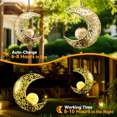 Solar Garden Hanging Moon Lights Outdoor Decor,2 Pack Metal Lanterns Art Decorations for Outside Yard Lawn Patio Wall Fences Driveway Trail,Unique Housewarming Gardening Gifts for Women Mom - size: 2 PACK Moon