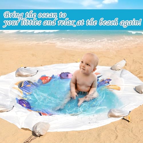 Dia 6.5Ft Baby Beach Pool, 2 in 1 Portable Round Kids Beach Play Pool Puddle Toddler Beach Blanket and Kiddie Pools Blue Cartoon Childs Sand Pit Paddling Pools with Water Bag for Boy Girl Outdoors - size: Round Diameter 2m / 6.5ft
