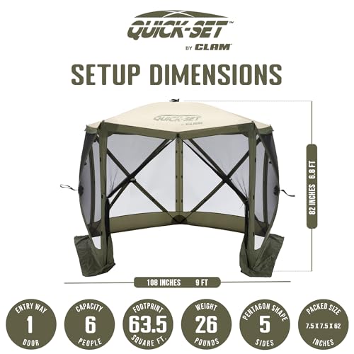Clam Venture 9' x 9' Pop-Up Screen Tent – Green/Tan Portable 5-Sided Outdoor Gazebo Canopy with Mesh Netting, Carry Bag, Stakes & Tie-Downs – Instant Setup Shelter for Camping, Picnics & Events - color: Green/Tan