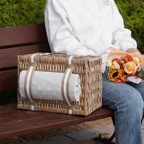 G GOOD GAIN Picnic Basket for 2 - Wicker Picnic Set with Waterproof Blanket| Large Picnic Hamper with Insulated Cooler & Cutlery Kit for Couples Camping,White Flower,15x11x7.5inch - color: White Flower